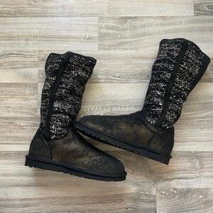 UGG Australia Sequin Knit Tall Boots Black Cozy Glam Winter Warm Size 6‎